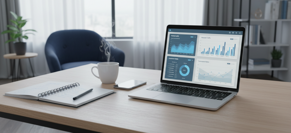 A laptop displaying analytics graphs sits on a desk with a notebook, pen, smartphone, and steaming coffee cup. A blue chair and window with sheer curtains are in the background, creating a modern, well-lit workspace.